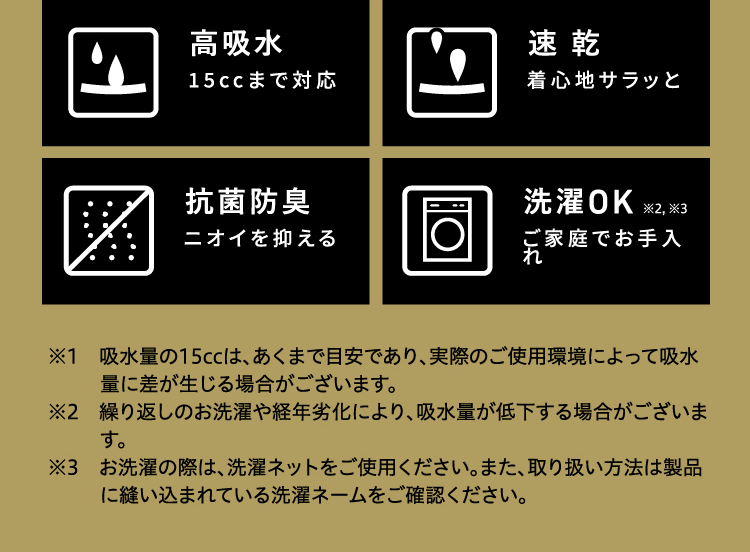 吸水・速乾・防水性にすぐれた3層構造の布を内蔵。