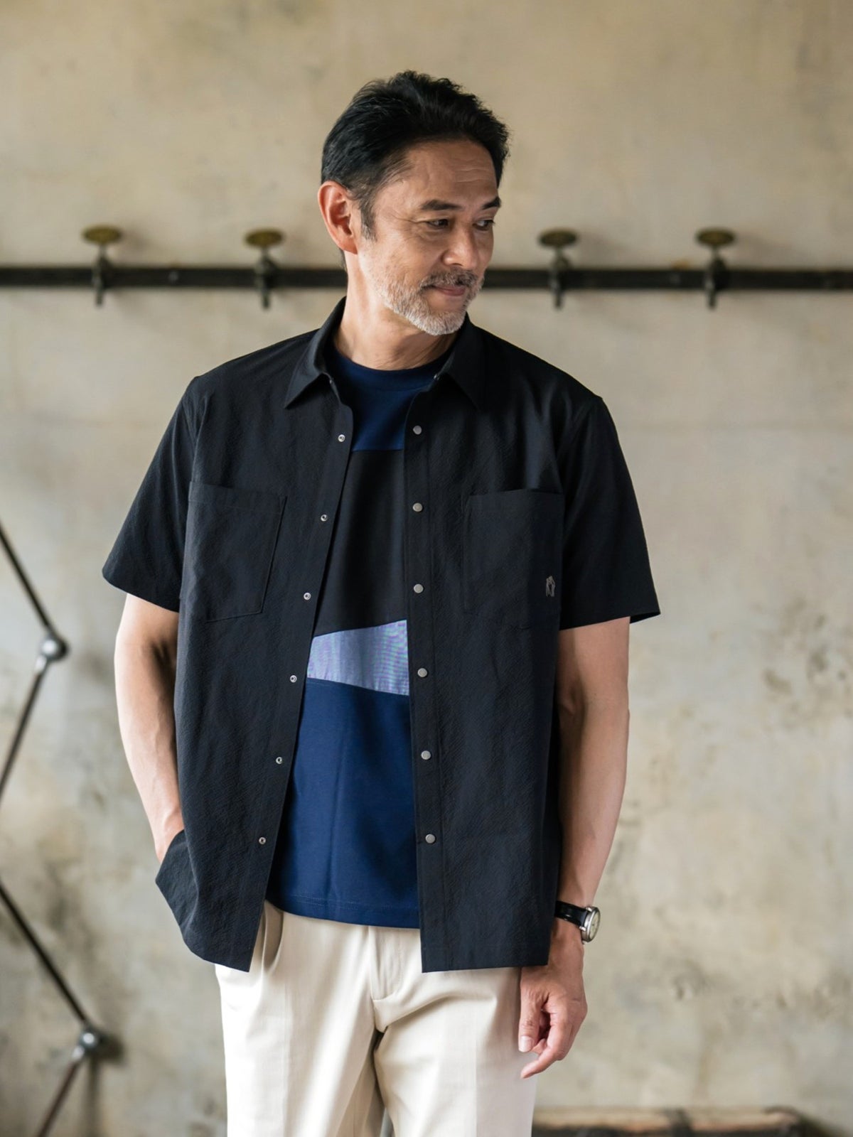 エアリーサッカードット釦RG半袖シャツ