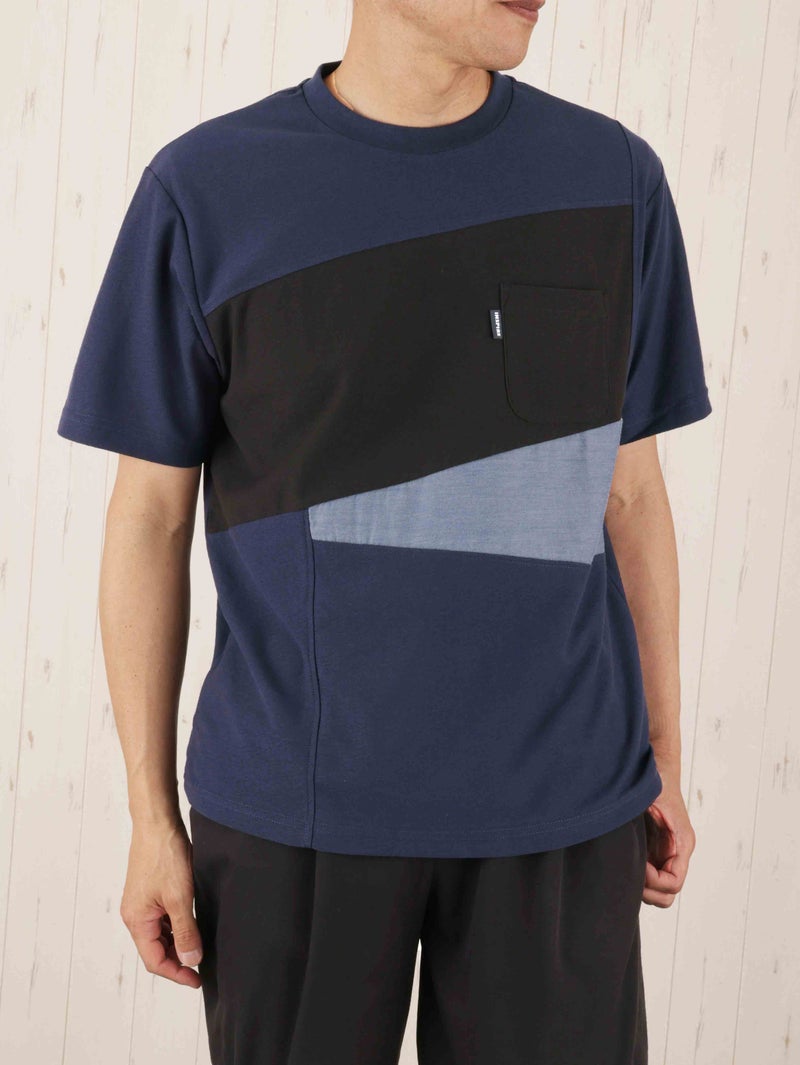 カットサテン布帛切替クルーネックTシャツ