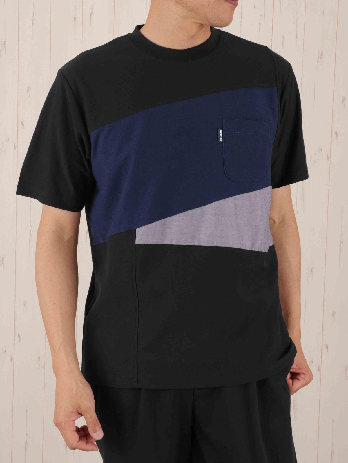 カットサテン布帛切替クルーネックTシャツ